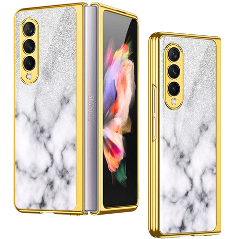 Samsung Galaxy Z Fold 4 5G Cover- White Marble Series - Premium Electroplated Infinity Ultra Shine Glass Soft Silicon Borders Case