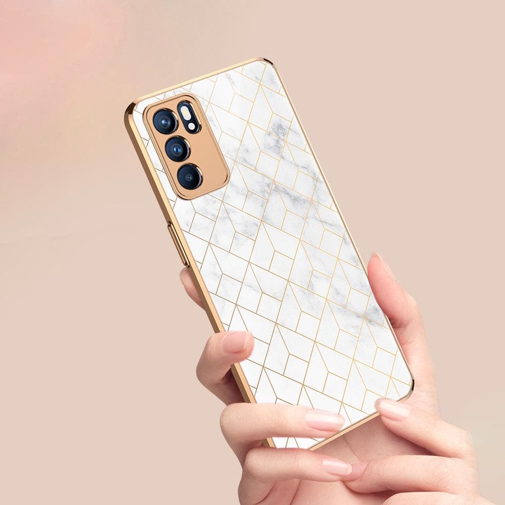 Oppo Reno 6 Pro 5G Cover - White Marble Series 2 - Premium Electroplated Infinity Ultra Shine Glass Soft Silicon Borders Case