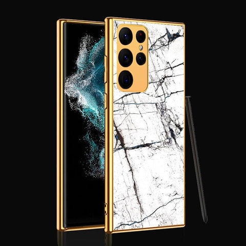 Samsung Galaxy S22 Ultra 5G Cover- White Marble Series 2 - Premium Electroplated Infinity Ultra Shine Glass Soft Silicon Borders Case
