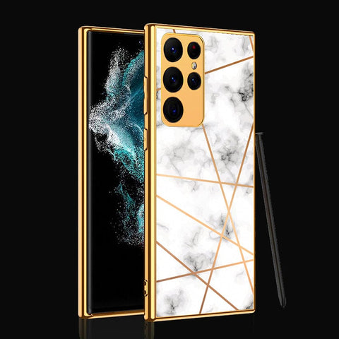 Samsung Galaxy S22 Ultra 5G Cover- White Marble Series 2 - Premium Electroplated Infinity Ultra Shine Glass Soft Silicon Borders Case