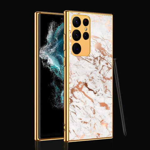 Samsung Galaxy S22 Ultra 5G Cover- White Marble Series 2 - Premium Electroplated Infinity Ultra Shine Glass Soft Silicon Borders Case