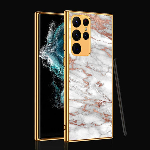 Samsung Galaxy S22 Ultra 5G Cover- White Marble Series 2 - Premium Electroplated Infinity Ultra Shine Glass Soft Silicon Borders Case