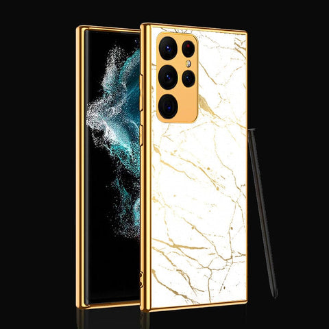 Samsung Galaxy S22 Ultra 5G Cover- White Marble Series 2 - Premium Electroplated Infinity Ultra Shine Glass Soft Silicon Borders Case