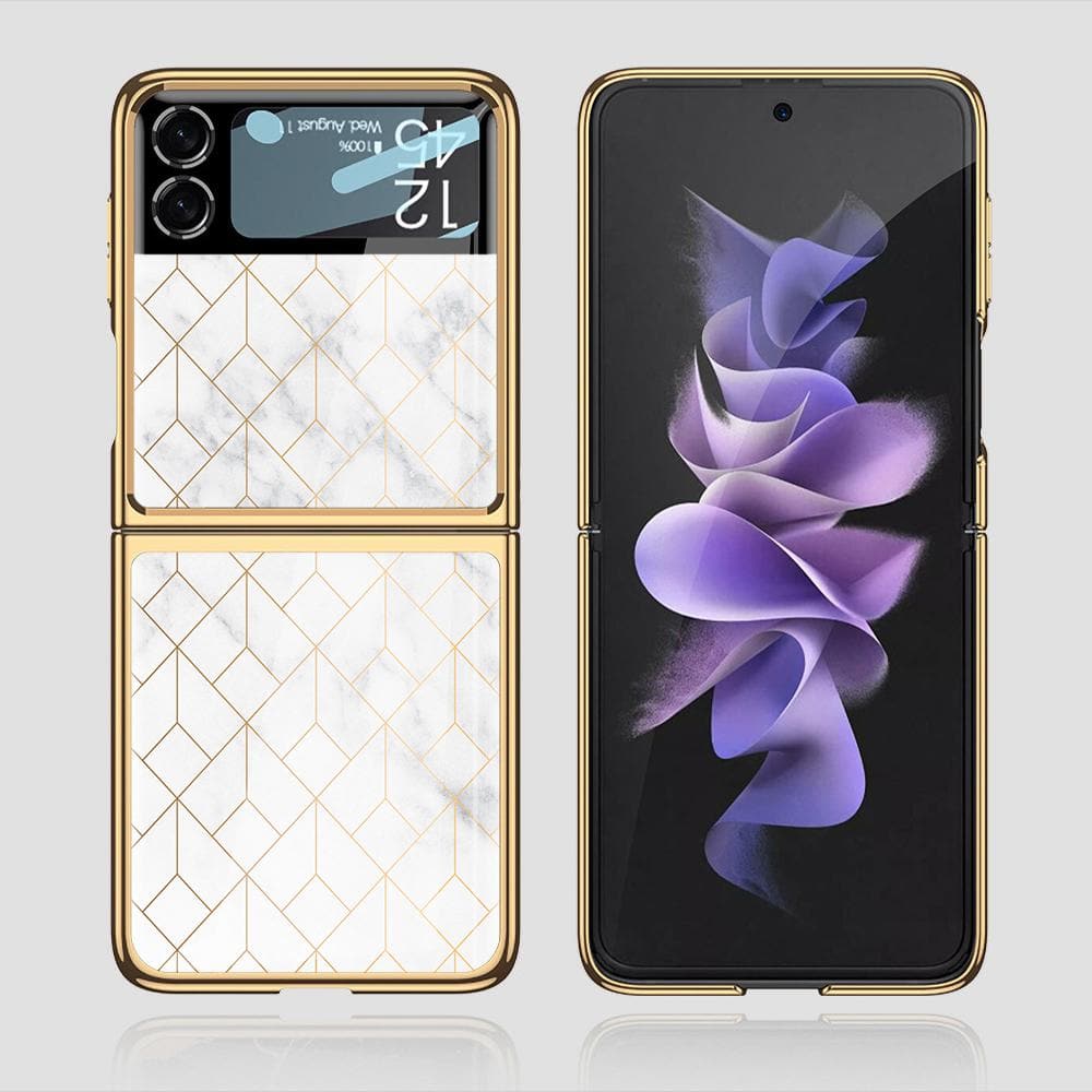 Samsung Galaxy Z Flip 3 5G Cover - White Marble Series 2 - Premium Electroplated Infinity Ultra Shine Glass Soft Silicon Borders Case