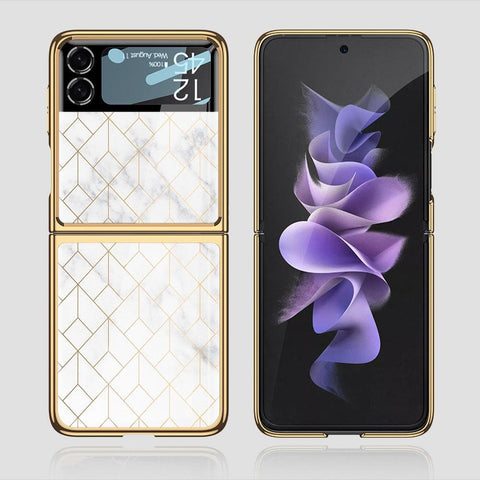Samsung Galaxy Z Flip 3 5G Cover - White Marble Series 2 - Premium Electroplated Infinity Ultra Shine Glass Soft Silicon Borders Case