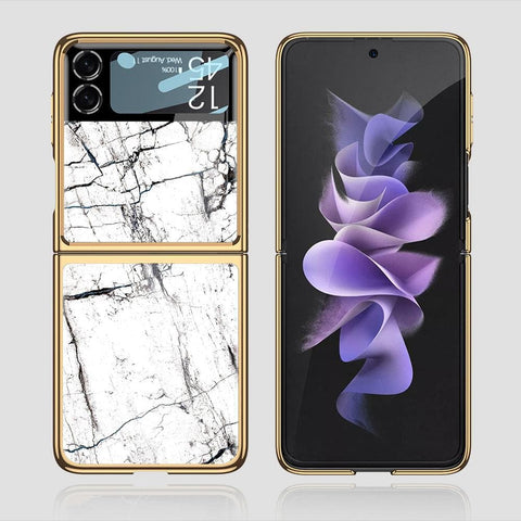Samsung Galaxy Z Flip 3 5G Cover - White Marble Series 2 - Premium Electroplated Infinity Ultra Shine Glass Soft Silicon Borders Case