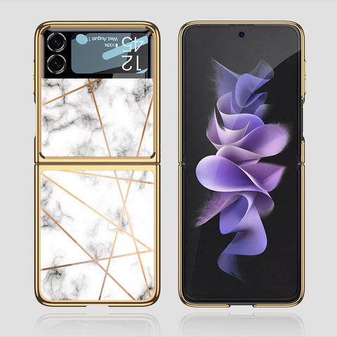 Samsung Galaxy Z Flip 3 5G Cover - White Marble Series 2 - Premium Electroplated Infinity Ultra Shine Glass Soft Silicon Borders Case