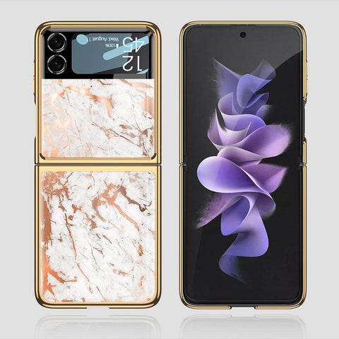 Samsung Galaxy Z Flip 3 5G Cover - White Marble Series 2 - Premium Electroplated Infinity Ultra Shine Glass Soft Silicon Borders Case