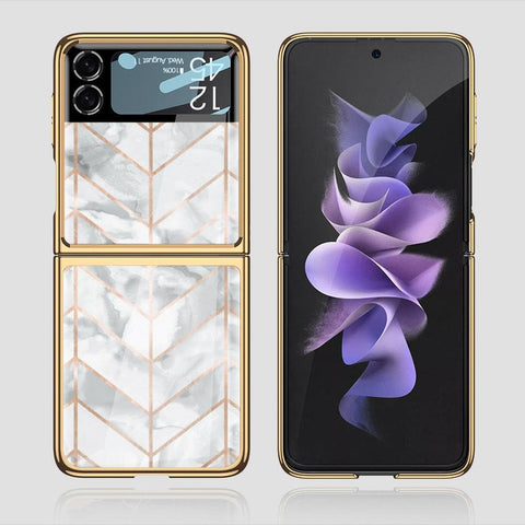 Samsung Galaxy Z Flip 3 5G Cover - White Marble Series 2 - Premium Electroplated Infinity Ultra Shine Glass Soft Silicon Borders Case
