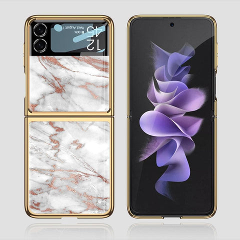 Samsung Galaxy Z Flip 3 5G Cover - White Marble Series 2 - Premium Electroplated Infinity Ultra Shine Glass Soft Silicon Borders Case