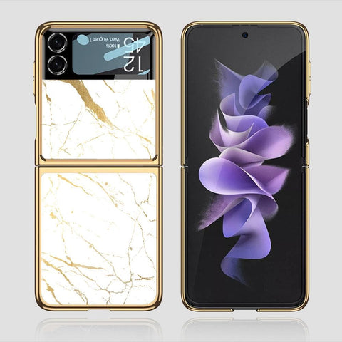 Samsung Galaxy Z Flip 3 5G Cover - White Marble Series 2 - Premium Electroplated Infinity Ultra Shine Glass Soft Silicon Borders Case