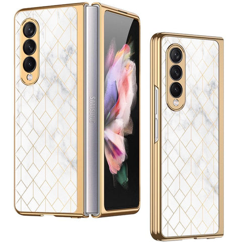 Samsung Galaxy Z Fold 3 5G Cover - White Marble Series 2 - Premium Electroplated Infinity Ultra Shine Glass Soft Silicon Borders Case