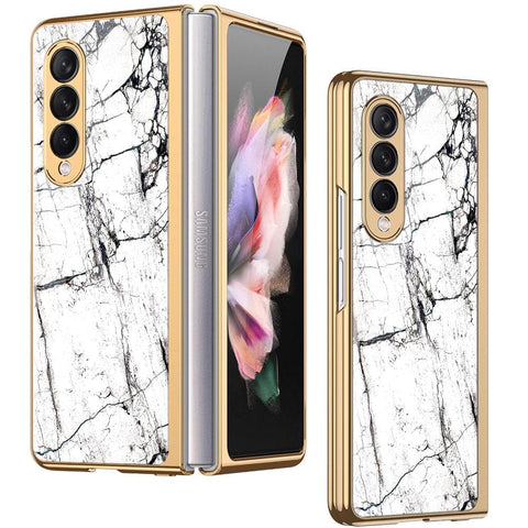 Samsung Galaxy Z Fold 3 5G Cover - White Marble Series 2 - Premium Electroplated Infinity Ultra Shine Glass Soft Silicon Borders Case