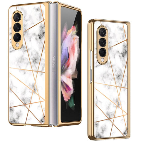 Samsung Galaxy Z Fold 3 5G Cover - White Marble Series 2 - Premium Electroplated Infinity Ultra Shine Glass Soft Silicon Borders Case