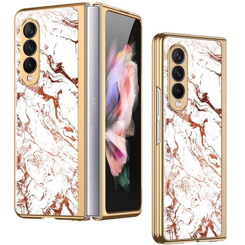Samsung Galaxy Z Fold 3 5G Cover - White Marble Series 2 - Premium Electroplated Infinity Ultra Shine Glass Soft Silicon Borders Case