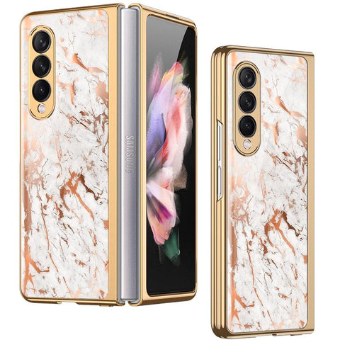Samsung Galaxy Z Fold 3 5G Cover - White Marble Series 2 - Premium Electroplated Infinity Ultra Shine Glass Soft Silicon Borders Case