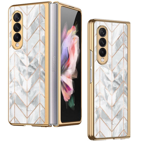 Samsung Galaxy Z Fold 3 5G Cover - White Marble Series 2 - Premium Electroplated Infinity Ultra Shine Glass Soft Silicon Borders Case