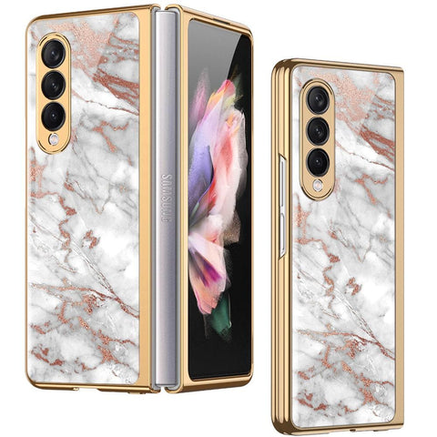 Samsung Galaxy Z Fold 3 5G Cover - White Marble Series 2 - Premium Electroplated Infinity Ultra Shine Glass Soft Silicon Borders Case