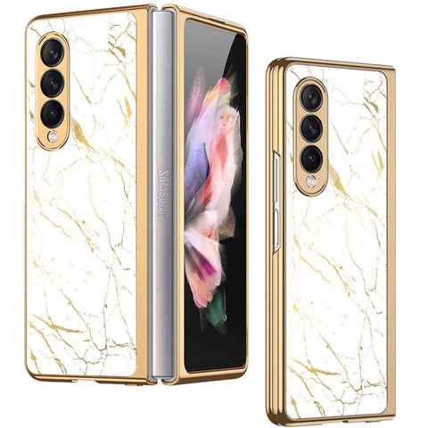 Samsung Galaxy Z Fold 3 5G Cover - White Marble Series 2 - Premium Electroplated Infinity Ultra Shine Glass Soft Silicon Borders Case