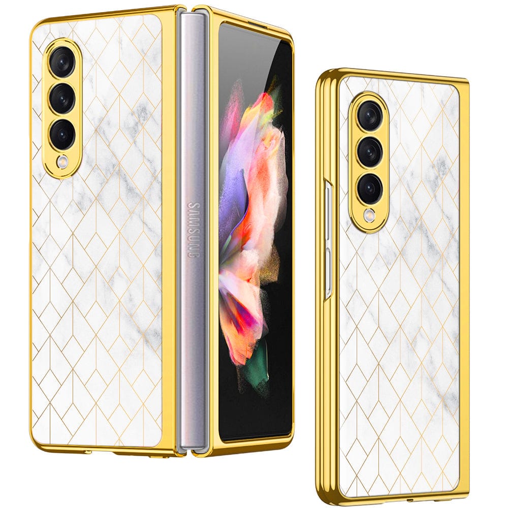Samsung Galaxy Z Fold 4 5G Cover- White Marble Series 2 - Premium Electroplated Infinity Ultra Shine Glass Soft Silicon Borders Case