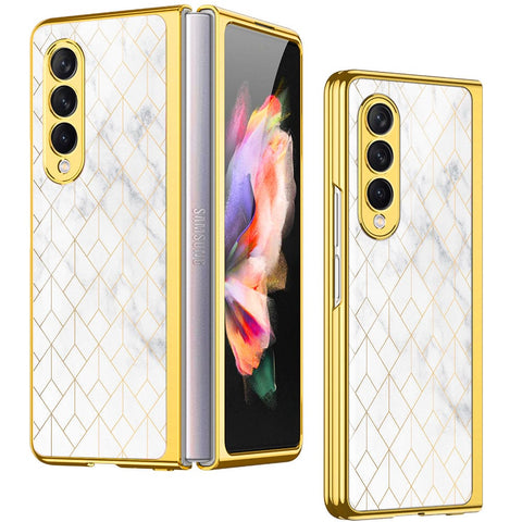 Samsung Galaxy Z Fold 4 5G Cover- White Marble Series 2 - Premium Electroplated Infinity Ultra Shine Glass Soft Silicon Borders Case