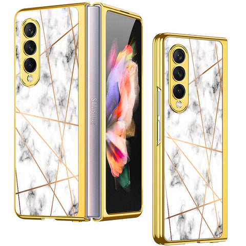 Samsung Galaxy Z Fold 4 5G Cover- White Marble Series 2 - Premium Electroplated Infinity Ultra Shine Glass Soft Silicon Borders Case