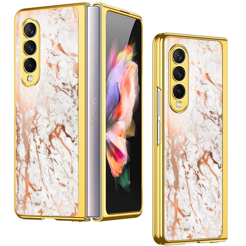 Samsung Galaxy Z Fold 4 5G Cover- White Marble Series 2 - Premium Electroplated Infinity Ultra Shine Glass Soft Silicon Borders Case