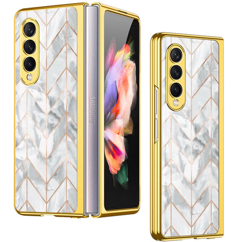 Samsung Galaxy Z Fold 4 5G Cover- White Marble Series 2 - Premium Electroplated Infinity Ultra Shine Glass Soft Silicon Borders Case