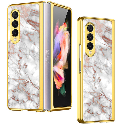 Samsung Galaxy Z Fold 4 5G Cover- White Marble Series 2 - Premium Electroplated Infinity Ultra Shine Glass Soft Silicon Borders Case