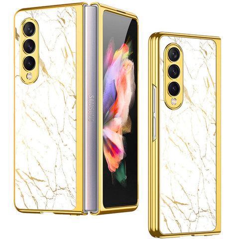 Samsung Galaxy Z Fold 4 5G Cover- White Marble Series 2 - Premium Electroplated Infinity Ultra Shine Glass Soft Silicon Borders Case