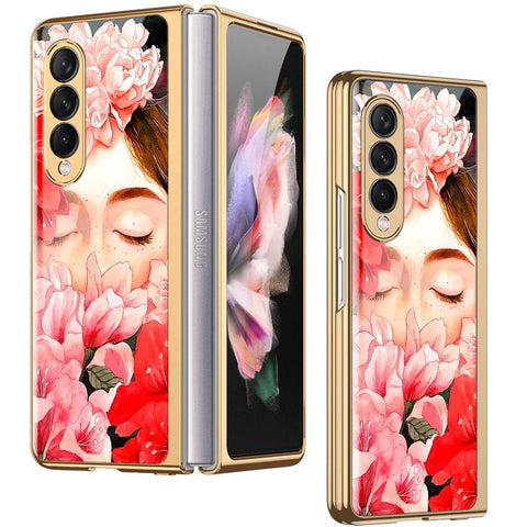 Samsung Galaxy Z Fold 3 5G Cover - Floral Series - Premium Electroplated Infinity Ultra Shine Glass Soft Silicon Borders Case