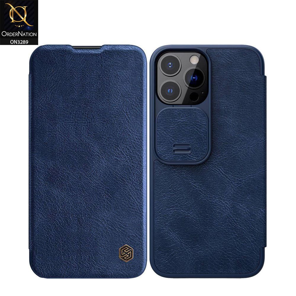 iPhone 13 Pro Max Cover - Blue - Nillkin Qin Pro Series Leather Flip Book with Camera Slide Protection Case