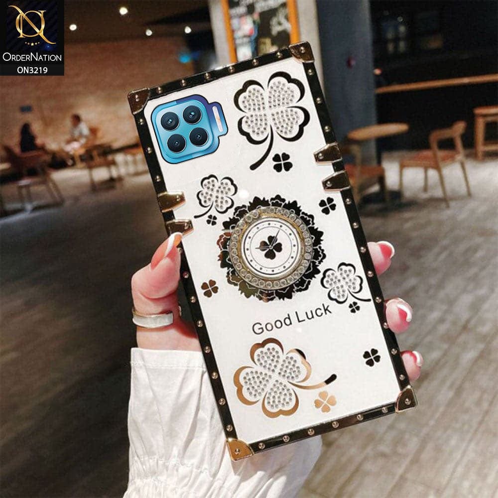 Oppo Reno 4 Lite Cover - Ash White - Square Bling Diamond Glitter Soft TPU Trunk Case with Ring Holder