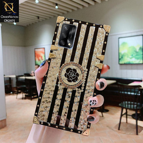 Oppo F19 Cover - Design 2 - 3D illusion Gold Flowers Soft Trunk Case With Ring Holder