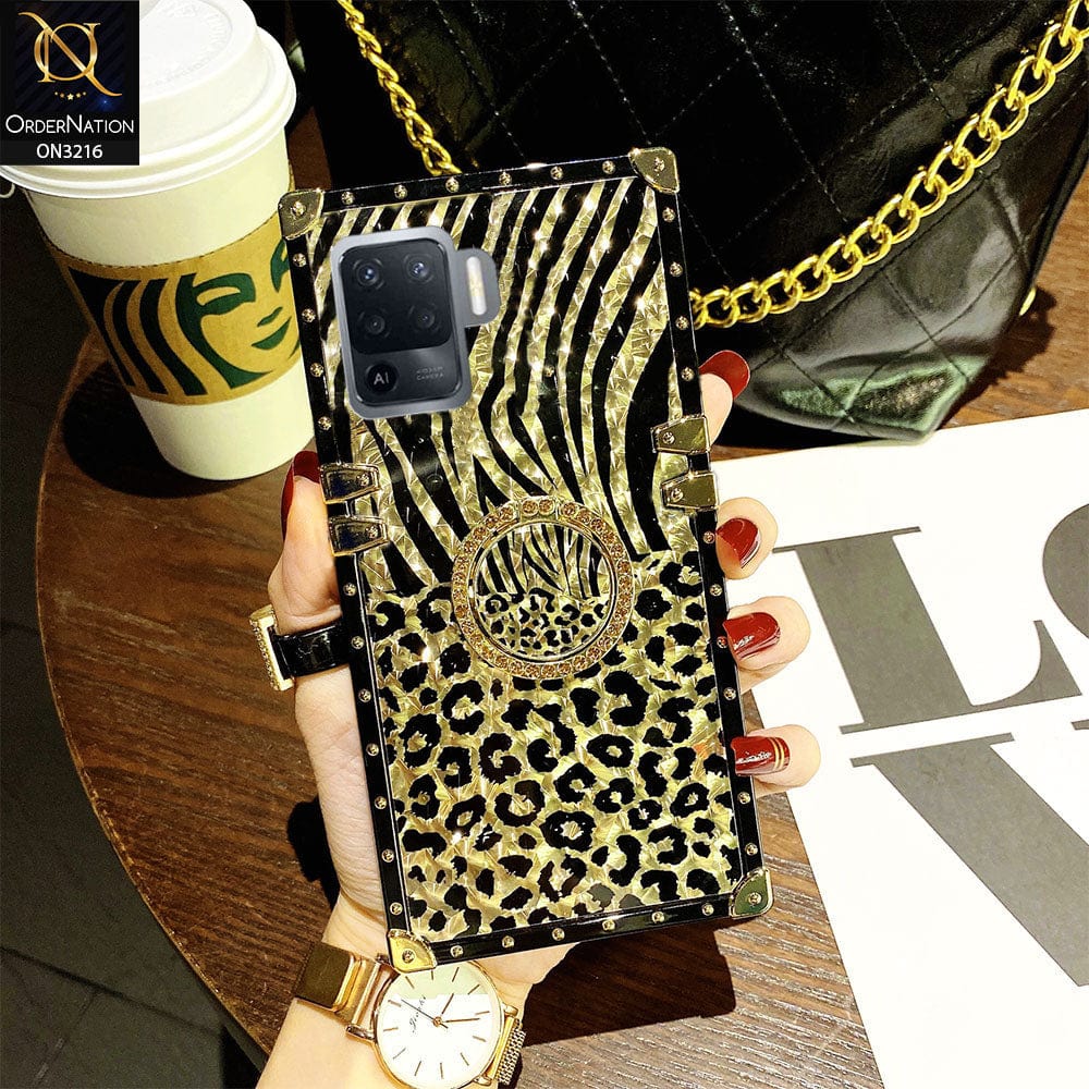 Oppo F19 Pro Cover - Design1 - Trendy Stripes Pattern Golden Square Case With Matching Bling Ring Holder