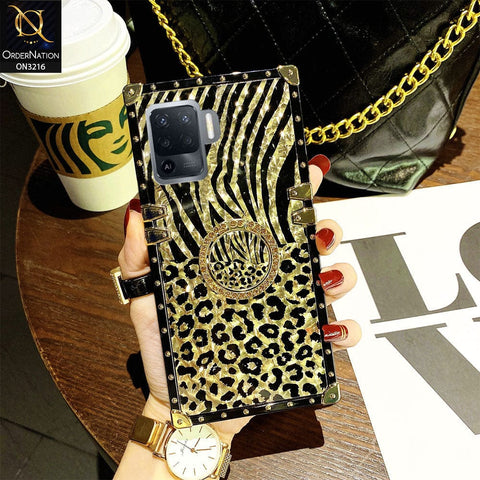 Oppo F19 Pro Cover - Design1 - Trendy Stripes Pattern Golden Square Case With Matching Bling Ring Holder