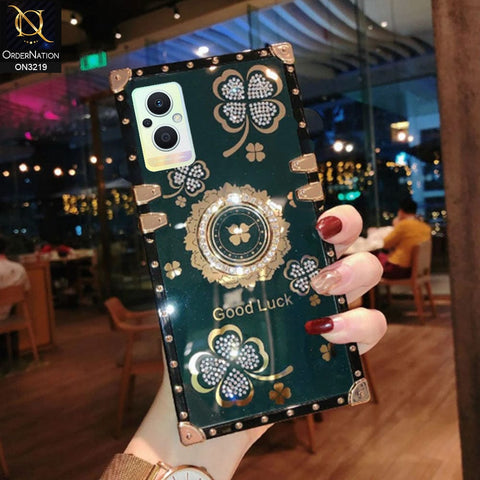 Oppo Reno 7 Lite Cover - Green - Square Bling Diamond Glitter Soft TPU Trunk Case with Ring Holder