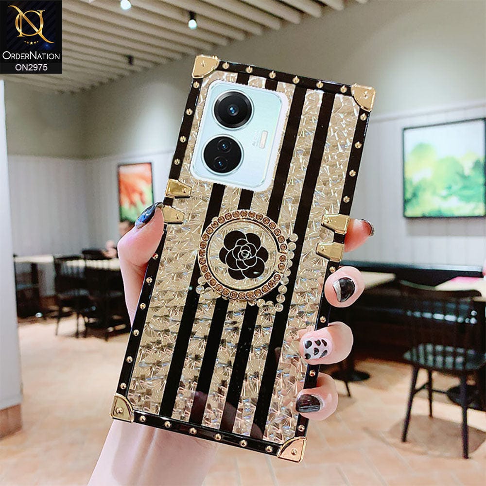Vivo Y55 4G Cover - Design2 - 3D illusion Gold Flowers Soft Trunk Case With Ring Holder