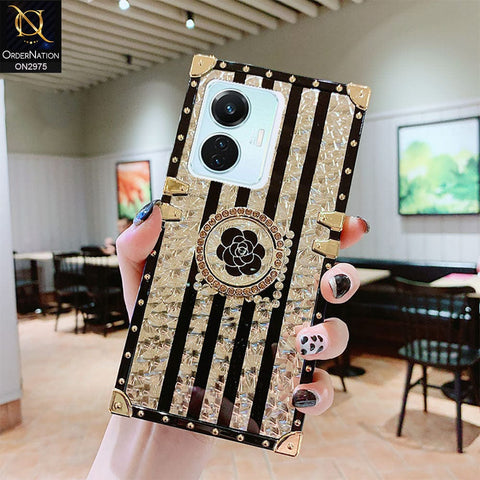 Vivo Y55 4G Cover - Design2 - 3D illusion Gold Flowers Soft Trunk Case With Ring Holder