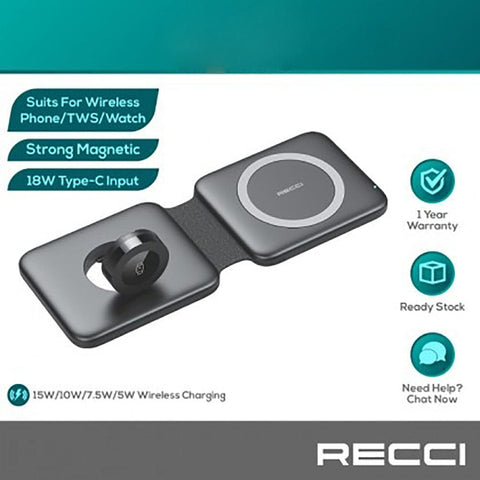 Black - Recci RCW-13 - 15W Magnetic RECCI Wireless Charger 3 in 1 Detachable Folding Function