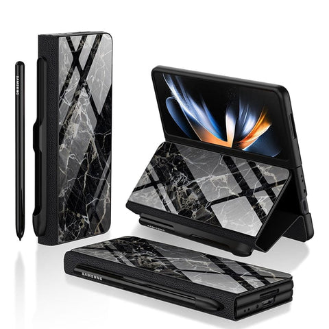 Samsung Galaxy Z Fold 3 5G Cover- Black Marble Series - HQ Ultra Shine Premium Infinity Glass Soft Silicon Borders Case