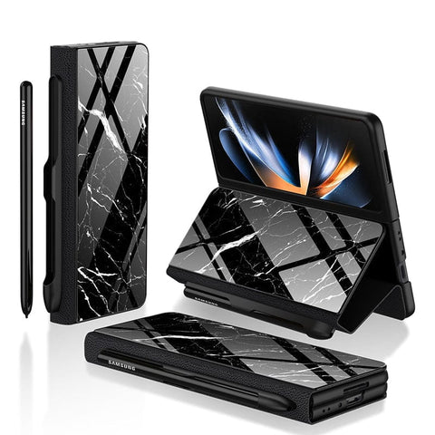 Samsung Galaxy Z Fold 3 5G Cover- Black Marble Series - HQ Ultra Shine Premium Infinity Glass Soft Silicon Borders Case