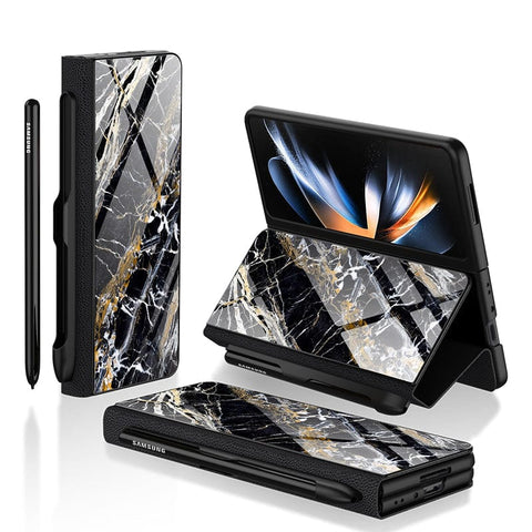 Samsung Galaxy Z Fold 3 5G Cover- Black Marble Series - HQ Ultra Shine Premium Infinity Glass Soft Silicon Borders Case