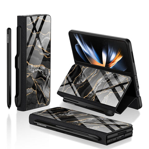 Samsung Galaxy Z Fold 3 5G Cover- Black Marble Series - HQ Ultra Shine Premium Infinity Glass Soft Silicon Borders Case