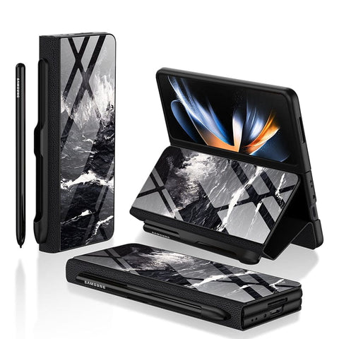 Samsung Galaxy Z Fold 3 5G Cover- Black Marble Series - HQ Ultra Shine Premium Infinity Glass Soft Silicon Borders Case