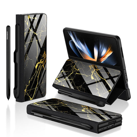 Samsung Galaxy Z Fold 3 5G Cover- Black Marble Series - HQ Ultra Shine Premium Infinity Glass Soft Silicon Borders Case