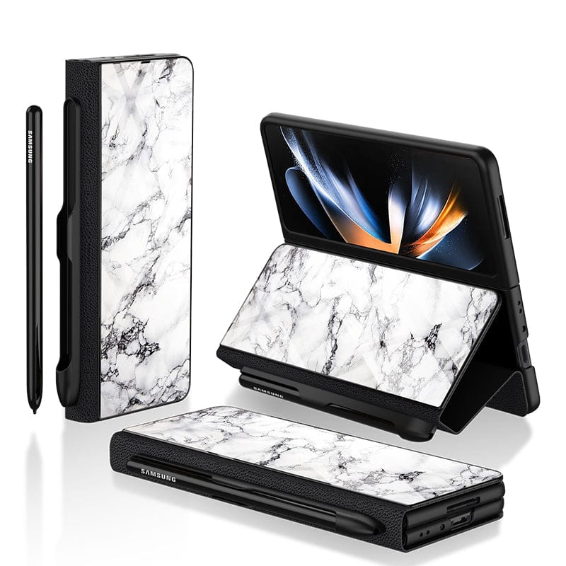 Samsung Galaxy Z Fold 3 5G Cover- White Marble Series - HQ Ultra Shine Premium Infinity Glass Soft Silicon Borders Case