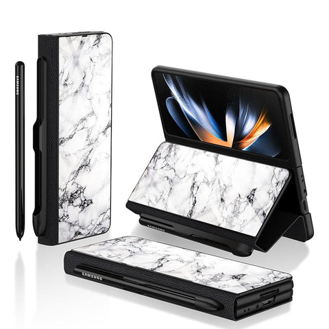 Samsung Galaxy Z Fold 3 5G Cover- White Marble Series - HQ Ultra Shine Premium Infinity Glass Soft Silicon Borders Case