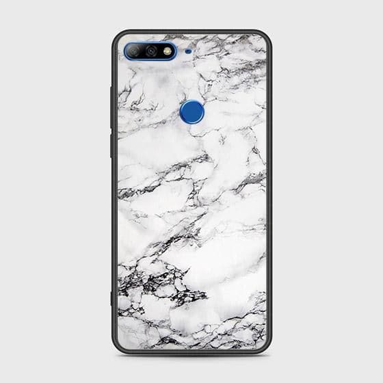 Huawei Y7 2018 Cover - White Marble Series - HQ Ultra Shine Premium Infinity Glass Soft Silicon Borders Case