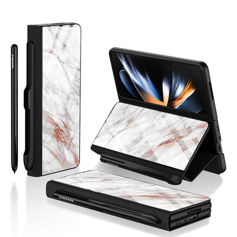 Samsung Galaxy Z Fold 3 5G Cover- White Marble Series - HQ Ultra Shine Premium Infinity Glass Soft Silicon Borders Case